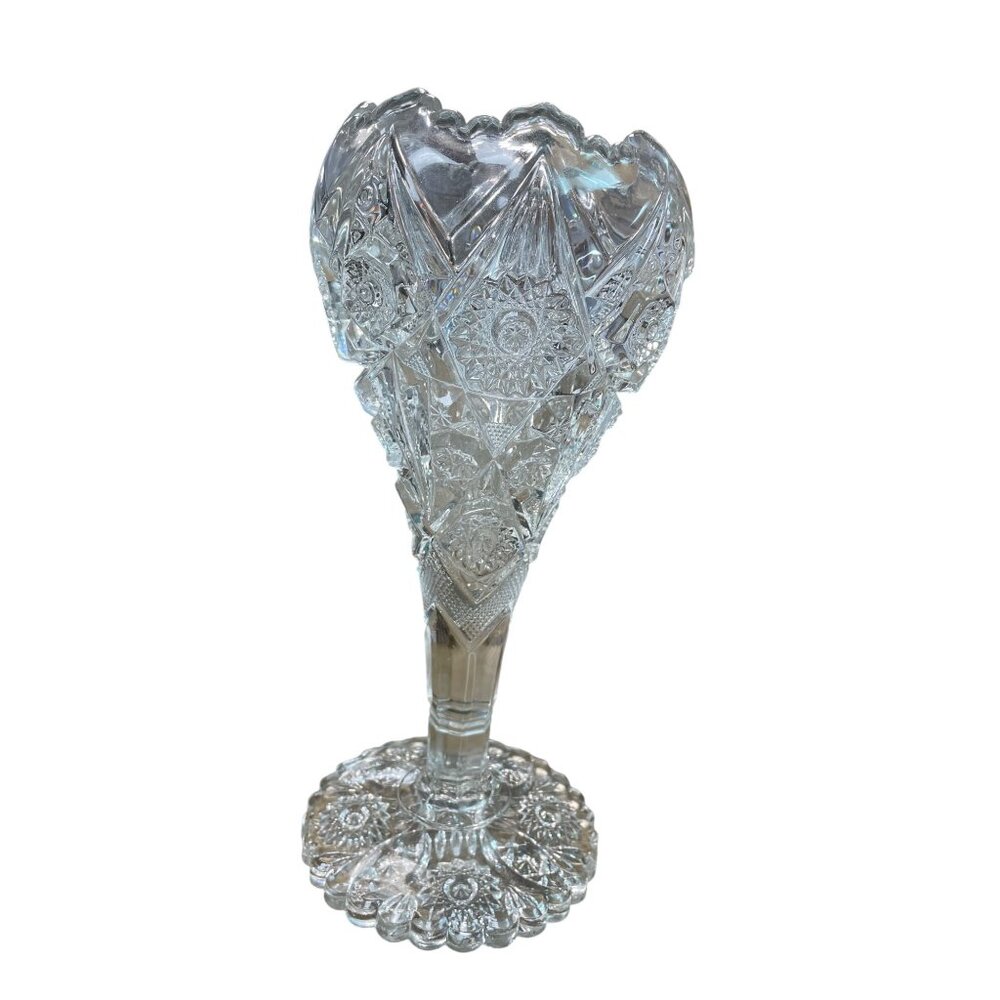 Antique 1900's Early American Pattern Glass Pedestrian floral Vase SKU 9342